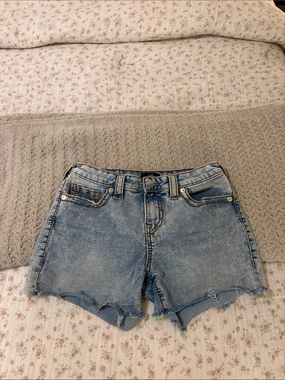 True Religion Light Blue Distressed Denim Shorts